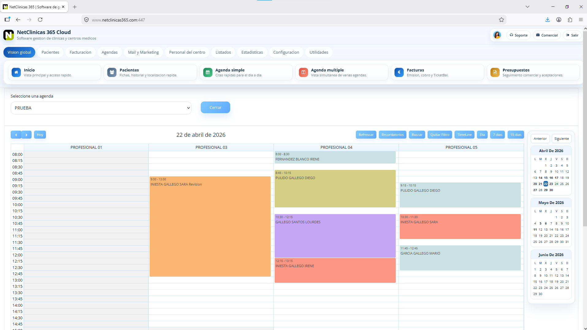 Agenda multiprofesional de NetClinicas para clínicas y centros médicos