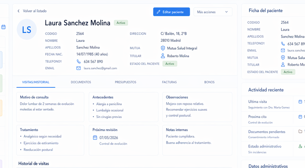 Ficha de paciente y seguimiento clínico en NetClinicas